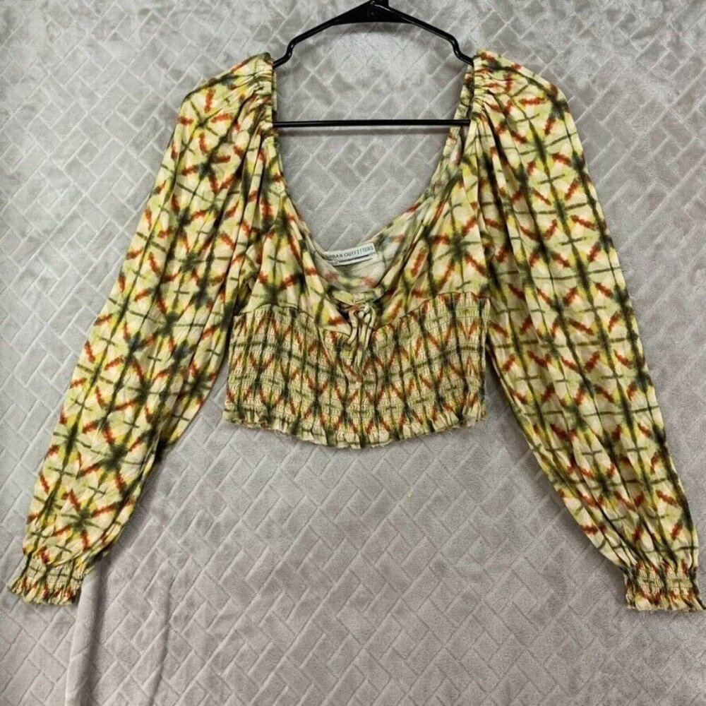 Urban Outfitters Womans Large Crop Top Yellow Colorful Long Sleeve Smocked